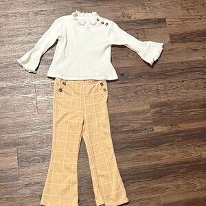 Rachel Zoe Cream Ruffled Blouse with matching plaid flare pants